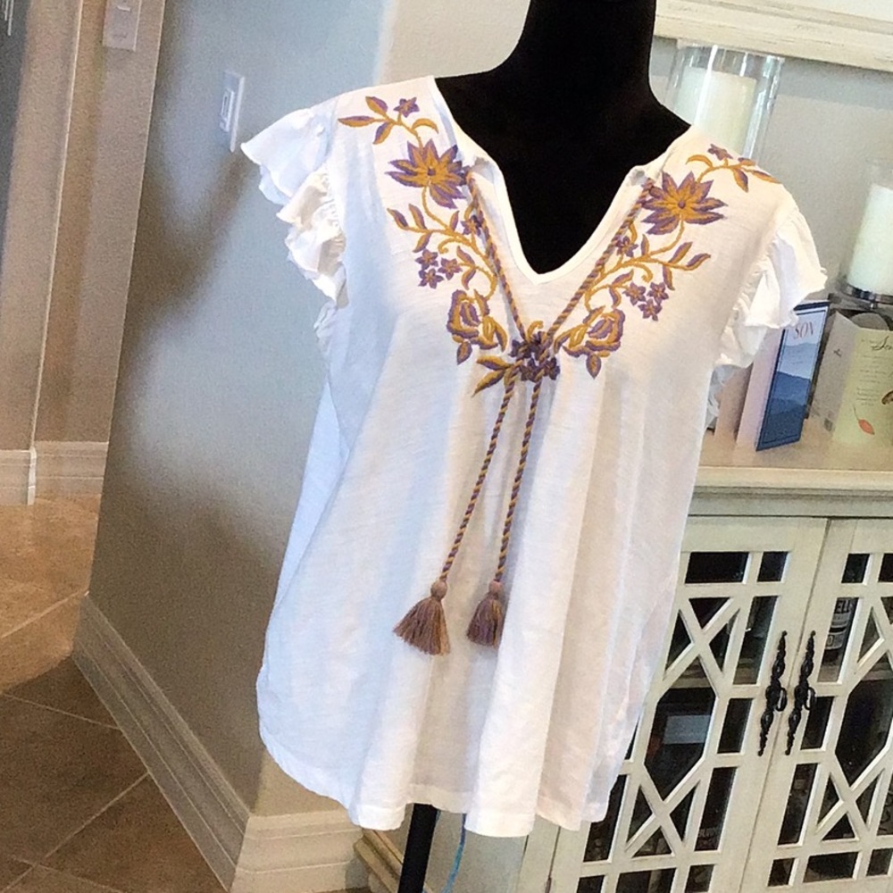 Keep in touch white flounce sleeve t, S, NWT